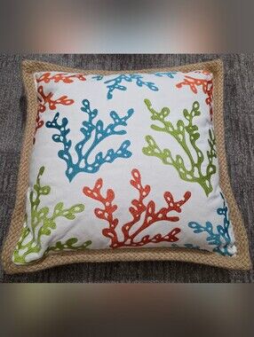 Levtex Embroidered Coastal Chic Throw Pillow 100% Cotton Coral Tropical Hamptons